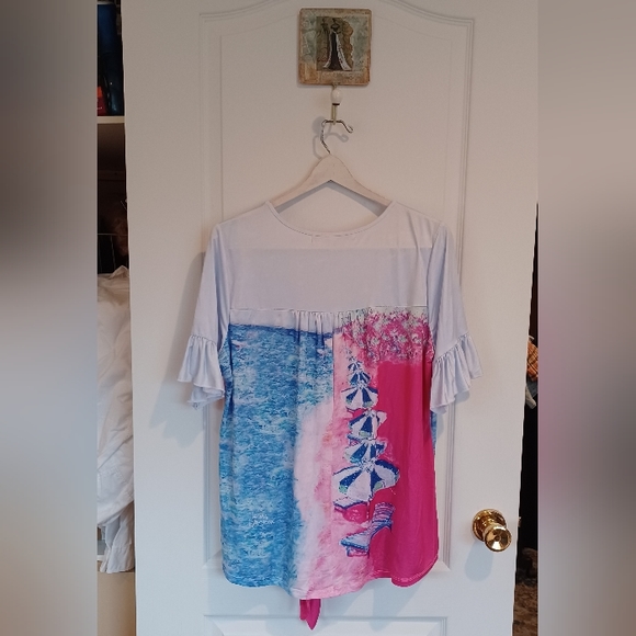 LEOMA LOVEGROVE SIZE LARGE BEACH TOWN BEACH UMBRELLA WITH CHAISE CHAIR PRINT - Picture 6 of 7